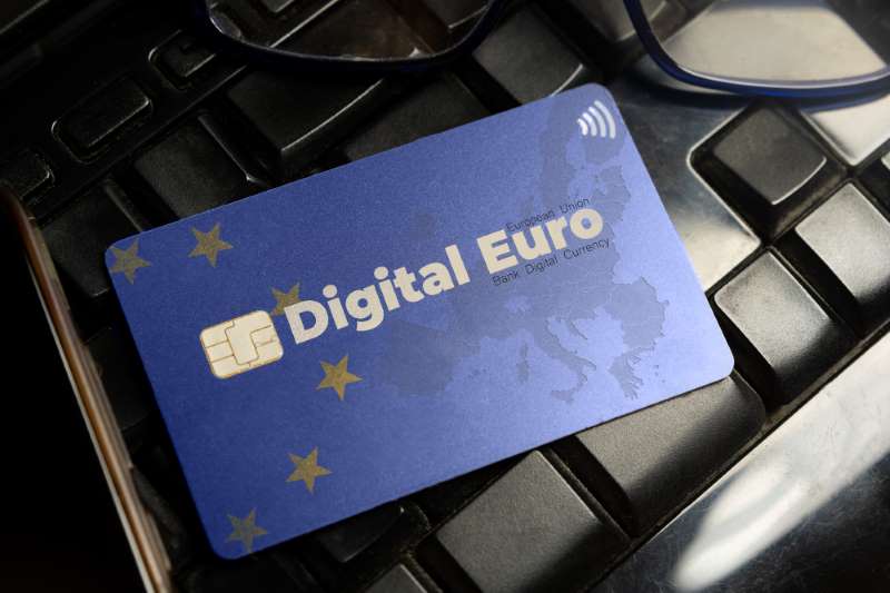 Digital euro on blue card