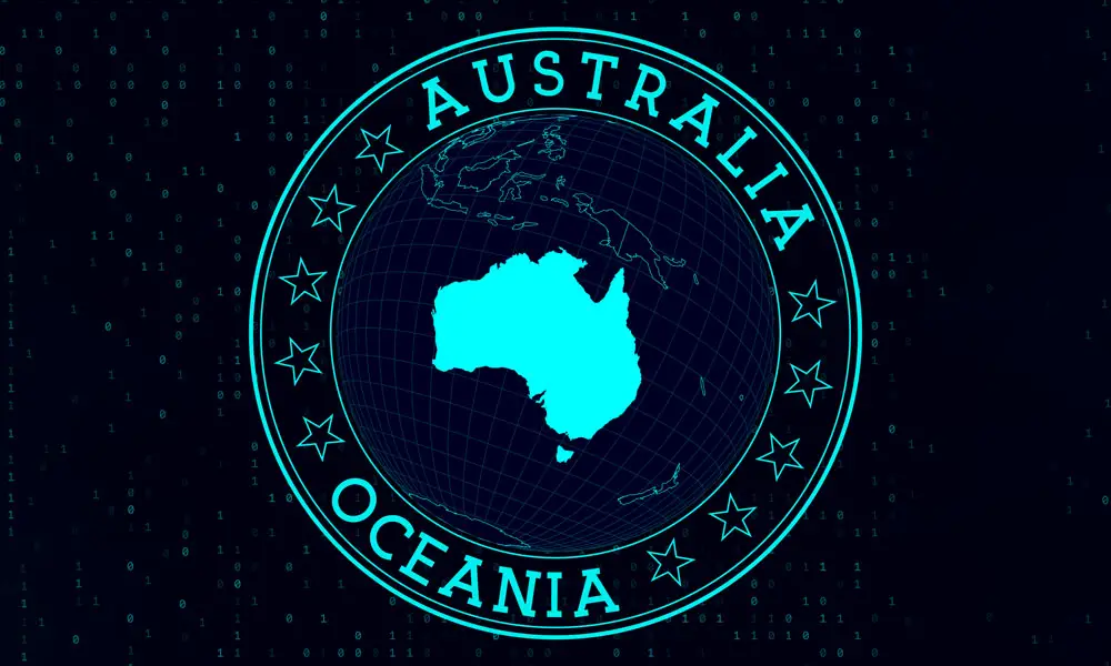 Australia Oceania continent shape in circle with digital zero and ones in background