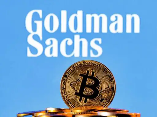 Gold bitcoin with goldman sachs in background 800w