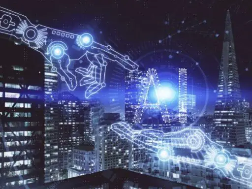 Robot hands touching AI letters in city night sky with buildings 800w