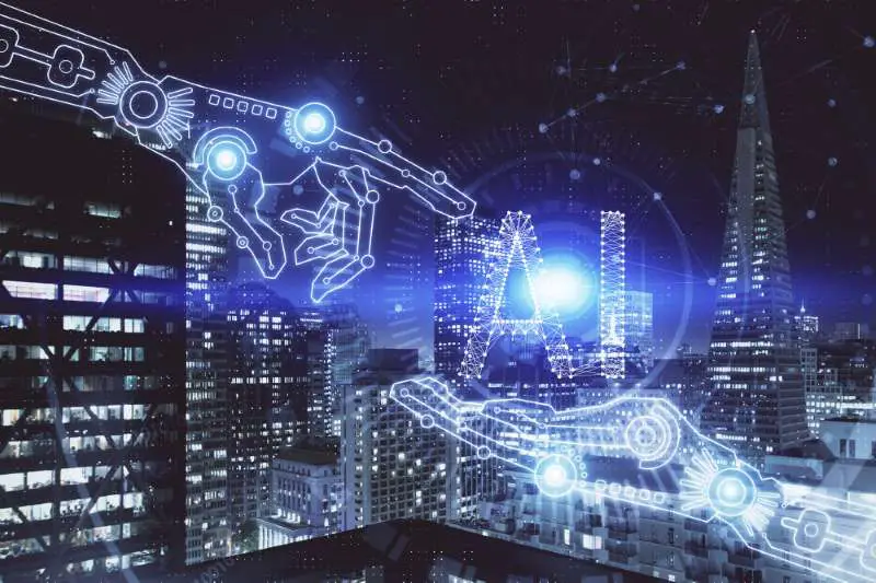 Robot hands touching AI letters in city night sky with buildings 800w